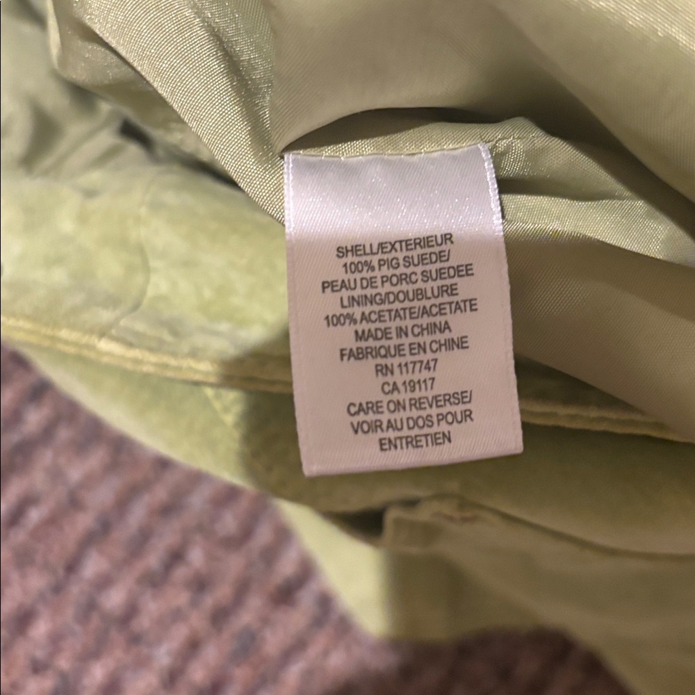 DAVID BROOKS LG AVOCADO GREEN SUEDE SHORT JACKET GOLD SNAPS ROLL UP CUFFS LINED - Picture 14 of 15